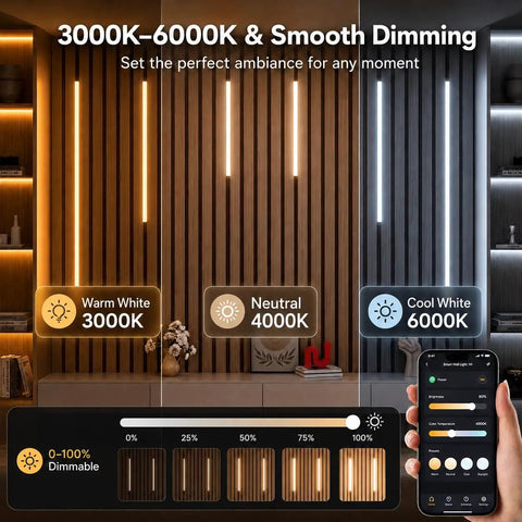 DEIGCYU LED Recessed Lighting Kit, 6 Pack Black Self-Adhesive Light Bars showing warm, neutral, and cool light settings with smartphone control.