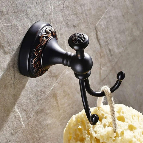 Oil Rubbed Bronze Towel Hooks Set, Antique Brass Robe Hooks, Double Coat Hanger For Bathroom with Floral Base holding sponge