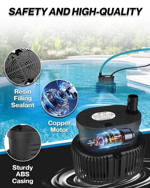 Above Ground Pool Cover Pump With Drainage Hose And 25 Foot Power Cord, Submersible Water Removal Pump, 850 GPH, black ABS shell, IPX8 waterproof