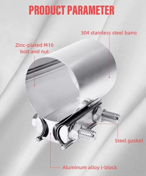 Beefy Universal Stainless Steel Exhaust Clamp 2.0 To 4.0 Inch Butt Joint Band close-up showing bolts and material components