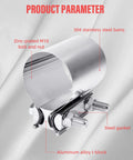 Stainless Steel Exhaust Clamp Band For 2.5 Inch Exhaust Pipe, showing M10 bolt, steel gasket, and aluminum alloy i-block