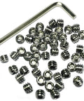 50 Piece Set Screws One Quarter Twenty By Three Sixteenths Inch 304 Stainless Steel Allen Head Hex Socket Grub Screws With Allen Wrench Beefy Heavy Duty Fasteners For Machinery And Tools Rust Resistant High Temp And Humidity Ready; includes set screws and Allen wrench.