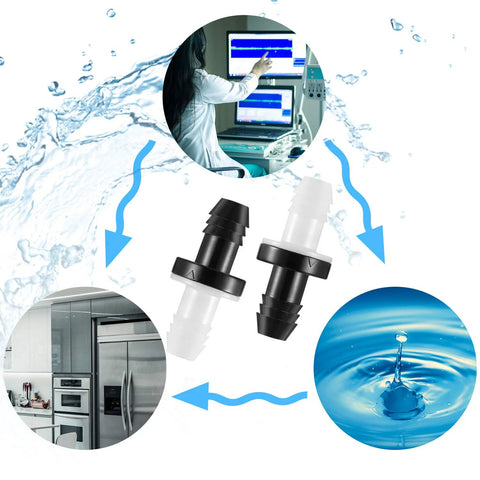 Two ABS inline check valves, 3/8 in (10 mm), black and white, plug-in fittings.