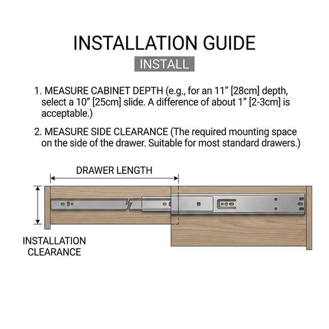 Installation guide for Stainless Steel Drawer Slides With Soft Close And Full Extension Ball Bearing Glides for cabinets and drawers.