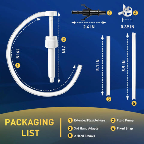 Heavy Duty Fluid Transfer Pump For 28 MM Quart Bottles With Flex Hose And Dual Tubes No Splash Guarantee packaging list with dimensions.