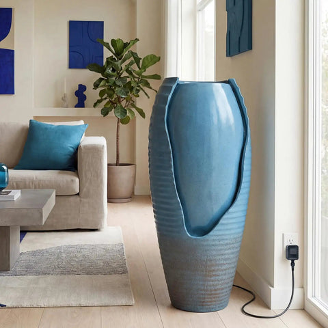 32 Inch Outdoor Jar Water Fountain With LED Lights, Vintage Blue Cracked Jar Design, Cascading Waterfall in living room.