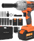 Cordless 1/2-Inch Impact Wrench With 21V Battery, 442 Ft-Lbs Max Torque, 3200 RPM, 4.0Ah Li-Ion Pack, accessories shown.