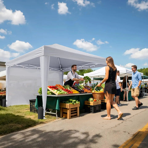 Vendor under 10x10 Pop Up Canopy With Sidewalls For A No Brainer Hassle Free Setup Portable Event Tent at market stall