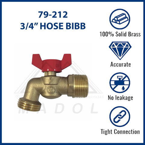 Image of Brass Ball Valve With Three Quarter Inch NPT Inlet And Three Quarter Inch Hose Outlet For Gardens And Patios No Fuss Effortless Quarter Turn Shutoff Durable Irrigation Valve For Easy Yard Water Control with red handle and labels for solid brass, accuracy, no leakage, and tight connection.