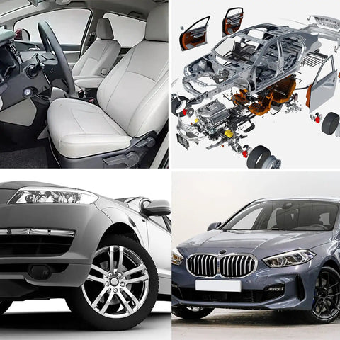 Collage of car components, interior, and vehicles showcasing auto repairs with a 170 Piece Car U Clip And Screw Kit for replacements.