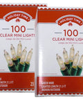 Clear Mini Christmas Lights 100 LEDs, Green Wire, Indoor Outdoor, 2 Pack boxes with light bulbs illustration