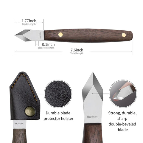 Badass Woodworking Marking Knife Built Tough With A Razor Sharp Double Bevel Blade And Slick Leather Sheath For Precise Layout Marks Whittling And Fine Wood Carving Done Right, featuring durable blade protector and eco-friendly wood handle.