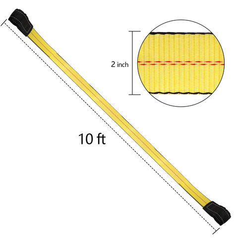2 Pack 10 Foot Long Lifting Slings 2 Inch Wide Heavy Duty Nylon Web Slings With Flat Eye Ends For Hoist Tow Winch Truck Boat And ATV 10000 Pound Capacity Durable Nylon Low Stretch Abrasion Resistant shown in yellow with measurements