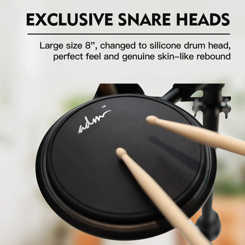 Close-up of 8-inch silicone snare head with drumsticks from Beginner Electric Drum Set With Quiet Mesh Pads And 180 Plus Sounds