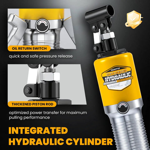 Close-up of the hydraulic cylinder component from 15 Ton Hydraulic Gear Puller Kit With Case 3 Jaw Wheel Bearing Separator For Vertical And Horizontal Pulling Heavy Duty Mechanical Repair Tool Great For Auto Shops And DIYers With Rugged Case And Quick Setup showing oil return switch and piston rod.