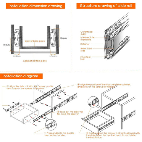 3 Pair 16 Inch Heavy Duty Full Extension Drawer Slides With Ball Bearing, Side Mount Rails For Dresser Cabinet And Kitchen, 100 Lb Load Capacity, Built To Last Steel Drawer Runners installation diagram