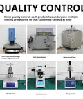 Quality control equipment including image measuring instrument, salt spray tester, waterproof test machine, tensile, hardness, and torque testers.