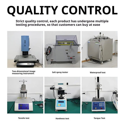 Quality control equipment including image measuring instrument, salt spray tester, waterproof test machine, tensile, hardness, and torque testers.