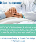 Healthcare professionals providing care; MediChoice branding emphasizing quality and service in medical-surgical products.