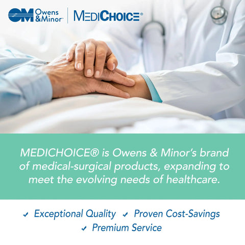 Healthcare professionals providing care; MediChoice branding emphasizing quality and service in medical-surgical products.