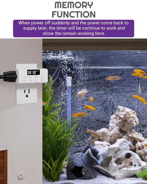 Slick Indoor Dual Plug In Countdown Timer Outlet Two Pack with big screen and memory function beside an aquarium.