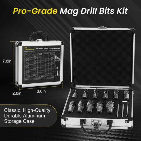 14 Piece Annular Cutter Set Featuring M2AL High Speed Steel Weldon Shank Magnetic Drill Bits Heavy Duty Hole Boring Kit in durable storage case
