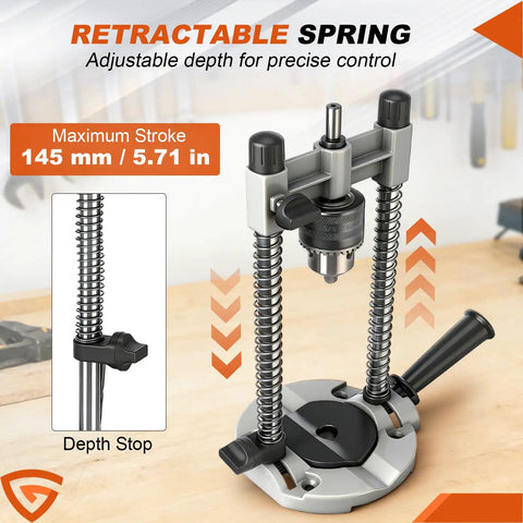 Drill Guide Stand For Cordless Drills And More Portable Drill Press Attachment With depth stop feature on a workbench.