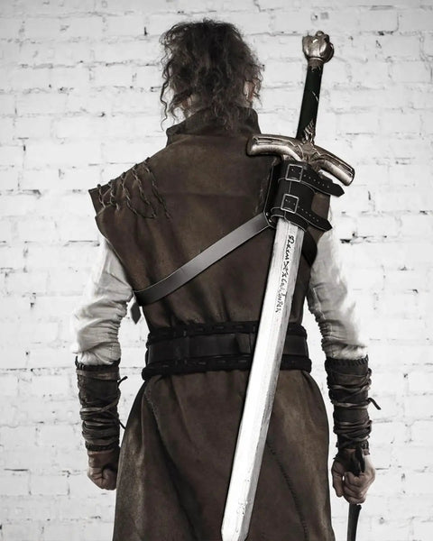 Back view of person wearing Medieval Sword Back Holster Leather Shoulder Frog Belt For Knight Cosplay Adjustable Universal Fit