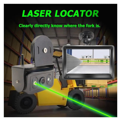 Badass Wireless Forklift Backup Camera Kit with No Sweat Setup and Five Inch Monitor showing laser locator features.