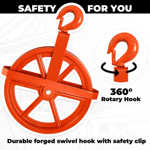 12 Inch Scaffold Hoist Pulley Wheel With Ladder Hooks, Heavy Duty Iron Wheel, 1000 Lb Capacity, Durable Construction For Safe Lifts, Rope Compatibility Five Eighths Inch, Great For Eight Millimeter Or Five Sixteenth Inch Rope forged swivel hook