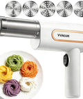 Cordless 5-In-1 Electric Pasta Maker Machine with noodle molds, mixing colorful pasta on a plate, easy homemade meals.