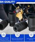 Beefy Half Inch Drive Deep Impact Socket Set Four-Piece 12 Point Metric Axle Nut Sockets displayed on a workbench