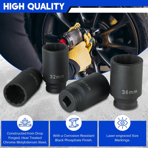 Beefy Half Inch Drive Deep Impact Socket Set Four-Piece 12 Point Metric Axle Nut Sockets displayed on a workbench