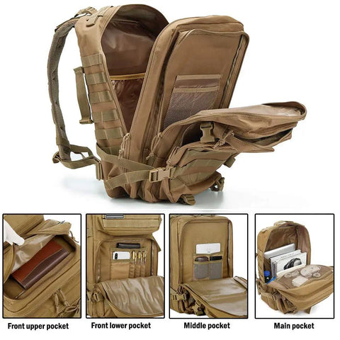 45L Military Tactical Backpack With Molle System showing open compartments with gear inside for bug out, hiking, and trekking.