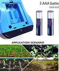 Back view of All In One Soil Tester With NPK pH Moisture And EC Readings, battery compartment, application scenarios shown.