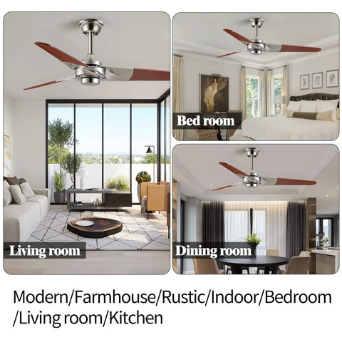 52 Inch Modern Wood Ceiling Fan Without Light For Indoor Outdoor Use, Reversible Blade Orientation, shown in living room, bedroom, and dining room