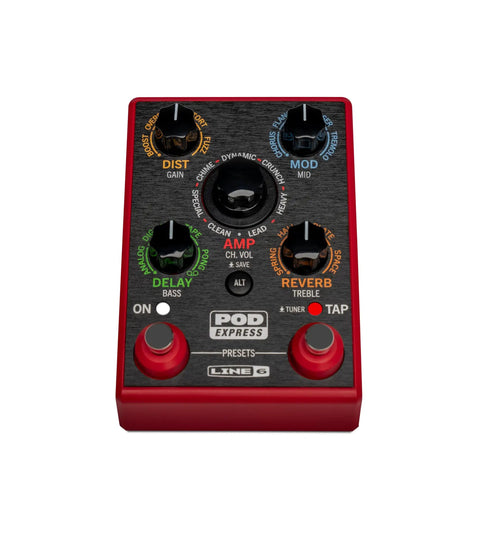 POD Express Guitar Multi Effects Processor With HX Quality Tones, showcasing knobs for effects and settings.