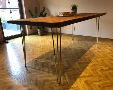 Wooden table with 34 Inch Hairpin Table Legs Set With 0.5 Inch Diameter Three Rods, Heavy Duty Gold Metal Furniture Legs