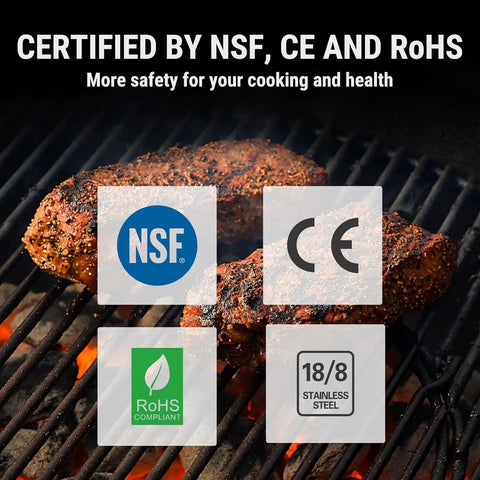 Grilled meat certified by NSF, CE, and RoHS symbols on a charcoal grill, showcasing 18/8 stainless steel compliance.