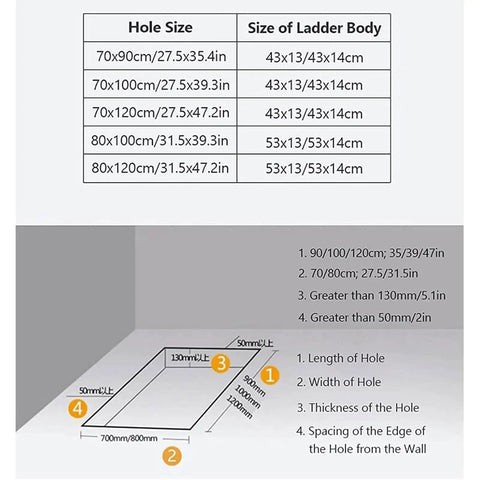 Heavy Duty Electric Attic Ladder size chart showing dimensions for different hole sizes and ladder body details.