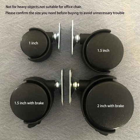 Plastic 1.5 Inch Swivel Caster Wheels Set Of 4 With 16 Screws For Appliances Furniture File Cabinets And Workbenches Smooth Quiet Rolling Durable Nylon Wheel On Sturdy Metal Base Heavy Duty Replacement For Home And Office Mobility, with different sizes shown, including 1 inch, 1.5 inch, 1.5 inch with brake, and 2 inch with brake.