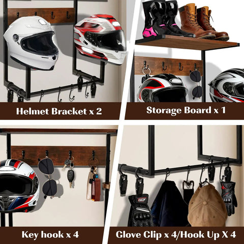 Heavy Duty Wooden Wall Mount Rack Features Dual Safety Hooks To Securely Hang Two Helmets Or Hats While Keeping Your Garage Neat And Serving As A Slick Wall Organizer with multiple hooks.