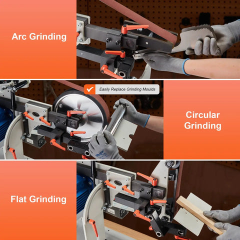 Heavy Duty 1500W Belt Grinder Sander And Variable Speed Belt Polisher With Vfd Drive showcasing arc, circular, and flat grinding options.