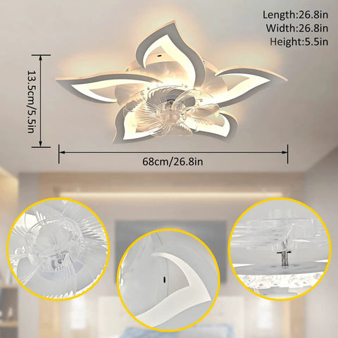 26.8 Inch Dope Flower Lamp Chandelier Ceiling Fan with Lights shown in living room, flower petal design, flush mount