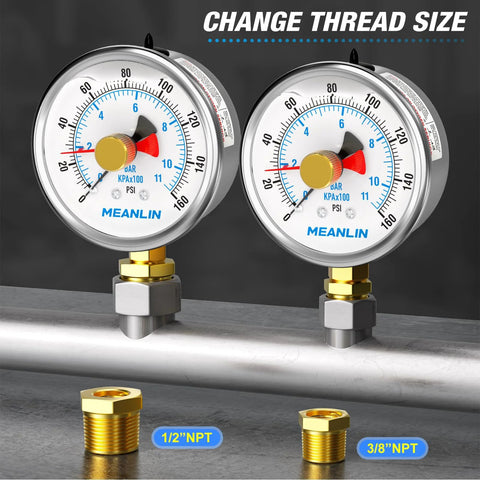 Meanlin 2.5-in stainless pressure gauges, 0–160 psi, lower mount with 1/4 NPT; includes 1/8 x 1/4 NPT & 1/8 x 3/8 NPT bushings.
