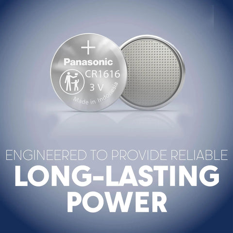Solid Bang For Buck Cr1616 Lithium Coin Cell Batteries 3 Volt showing Panasonic CR1616 batteries with child resistant design.