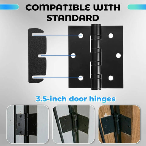 15 Piece Interior Door Hinge Shims Set for DIY Realignment, 3.5 Inch Hinge Spacers, shown with black hinge on door