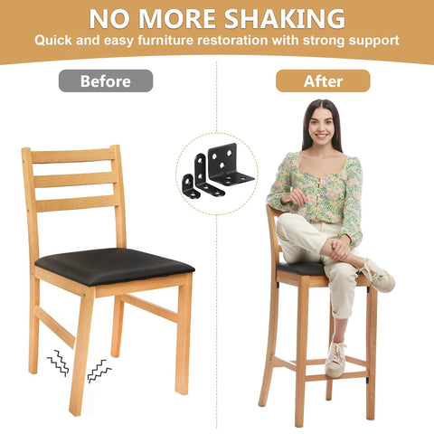 Heavy Duty L Brackets For Shelves 107 Piece Value Set with rustproof metal supports used to stabilize chair before and after comparison.