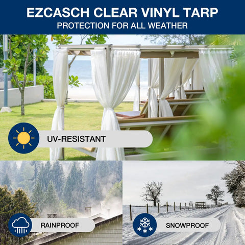Clear Vinyl Tarp 10x10 Heavy Duty 15oz Waterproof Tarpaulin Transparent PVC with Reinforced Edges, shown as weatherproof cover outdoors