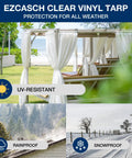Clear Vinyl Tarp 10x12 Ft, 15 Oz Waterproof Tarpaulin showcasing UV-resistant, rainproof, and snowproof features in outdoor settings.